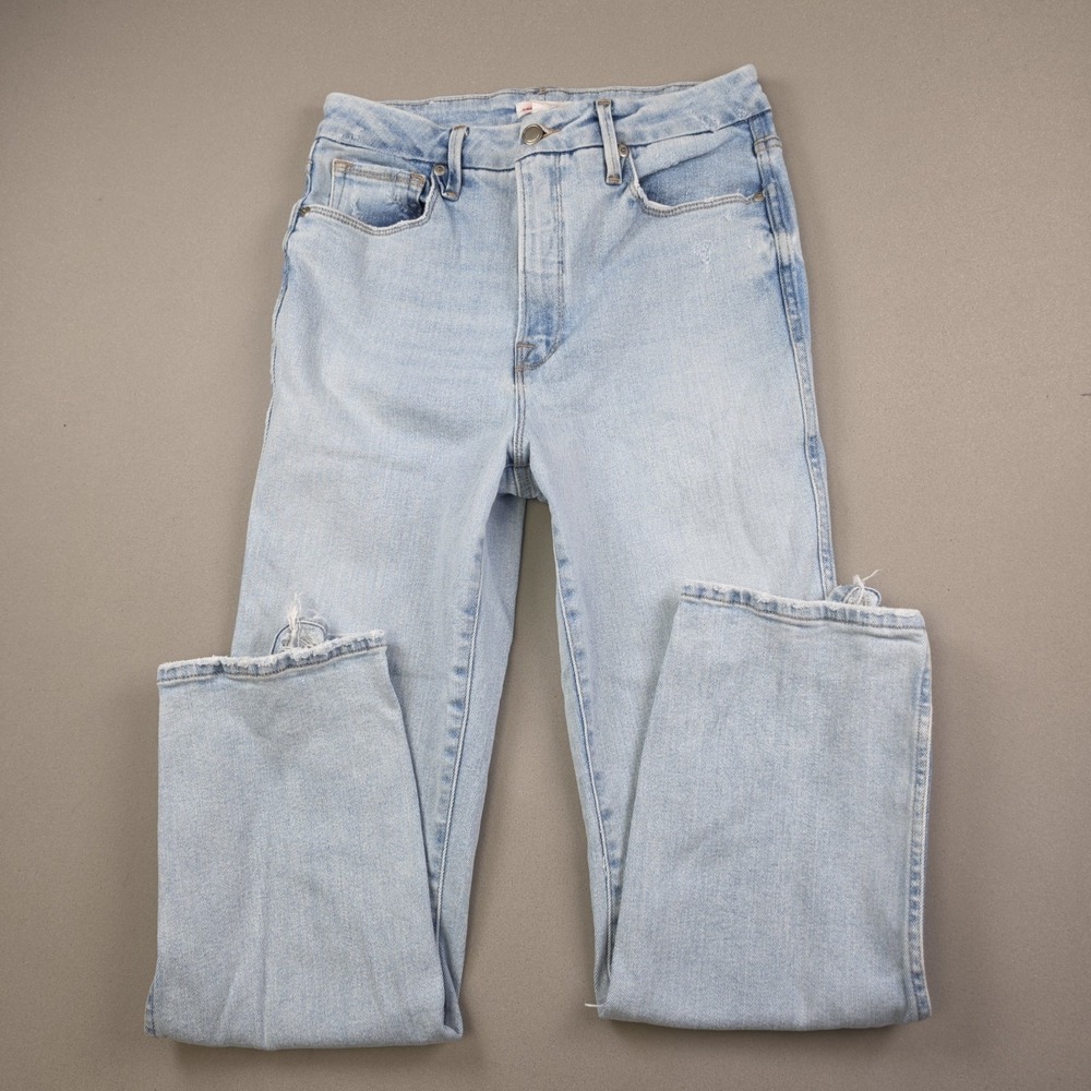 Good American Distressed Jeans Womens 8/29 Light Wash Straight Leg Frayed Hem